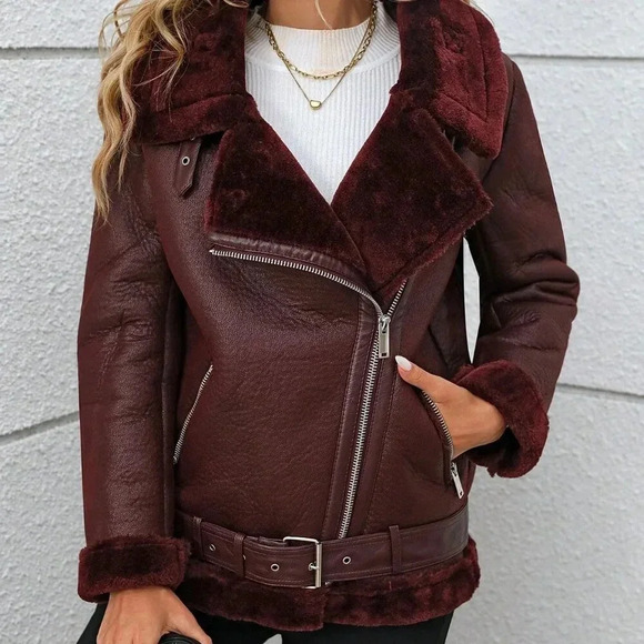 Burgundy Casual Women's Faux Leather Winter Jacket - Picture 5 of 6